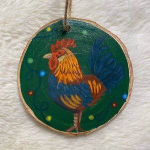 Hand-Painted Rooster Wood Slice Tree Ornament 2.5in